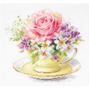 Borduurblad productfoto Borduurpakket Alisa ‘A cup with a Rose’