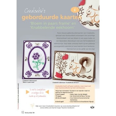 Borduurblad productfoto Patroon Crealoekie's geborduurde kaaren 'Bloem in paars frame' en 'Knabbelende eekhoorn'