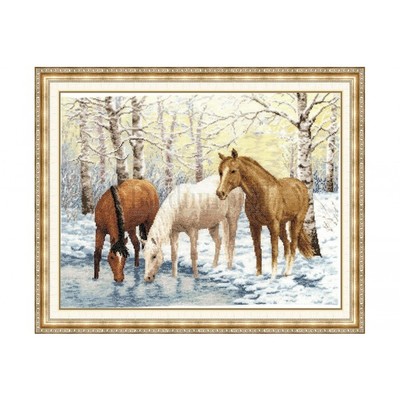 Borduurblad productfoto Borduurpakket Golden Fleece - ‘Horses near the river’
