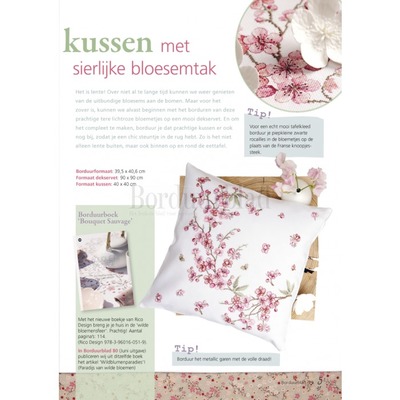 Borduurblad productfoto Patroon Dekservet en kussen met sierlijke bloesemtak 2