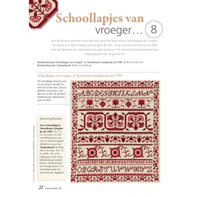 Borduurblad productfoto Patroon Schoollapjes van vroeger... 8 Amerikaans Samplertje uit 1789