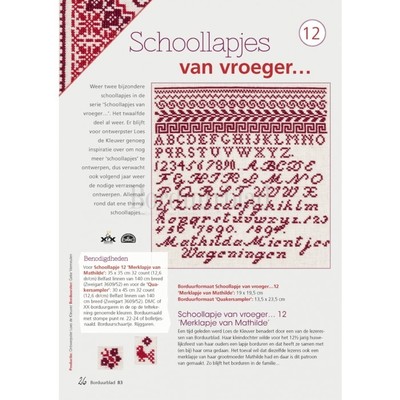 Borduurblad productfoto Patroon Schoollapjes van vroeger...12 Merklapje van Mathilde