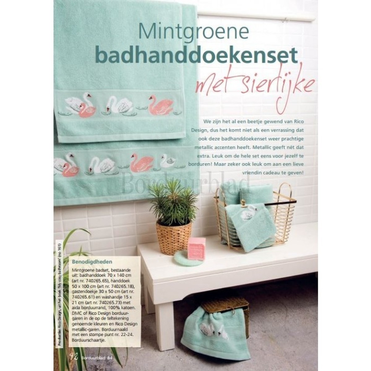 Gedetailleerd Veel Voorbeeld Borduurblad - Patroon Mintgroene badhanddoekenset met sierlijke zwanen
