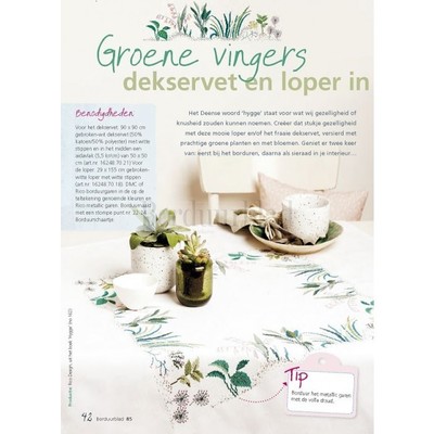 Borduurblad productfoto Patroon Groene vingers dekservet en loper in Hygge stijl
