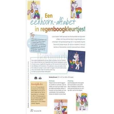 Borduurblad productfoto Patroon Een eenhoorn-alfabet in regenboogkleurtjes!