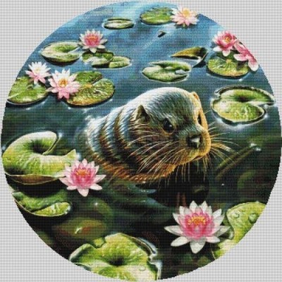 Borduurblad productfoto Otter in Water Lilies patroon