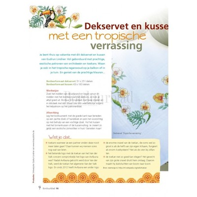 Borduurblad productfoto Patroon Dekservet en kusen met een tropische verrassing