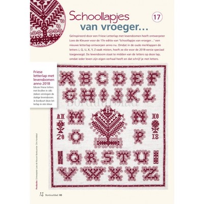 Borduurblad productfoto Patroon Schoollapjes van vroeger...17 Friese letterlap met levensbomen anno 2018 en Boekenlegger Friese letters