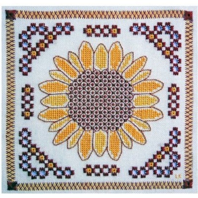 Borduurblad productfoto Schoollapjesklas 09 (Zonnige zonnebloem met kraaltjes en bijzondere steekjes (patroon) - 2018