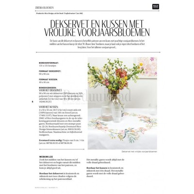 Borduurblad productfoto Patroon Dekservet en kussen met vrolijke voorjaarsbloemen