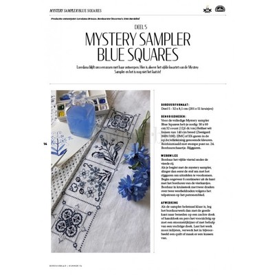 Borduurblad productfoto Patroon Mystery sampler Blue Squares - Deel 5 en biscornu's