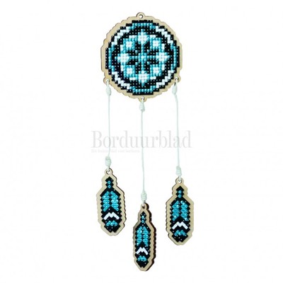 Borduurblad productfoto Houten hanger -  Dreamcatcher Blue