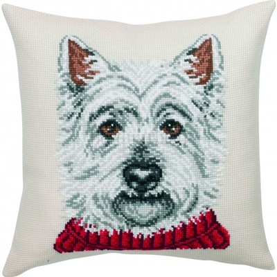 Borduurblad productfoto Borduurpakket Kussen 'White Terrier'