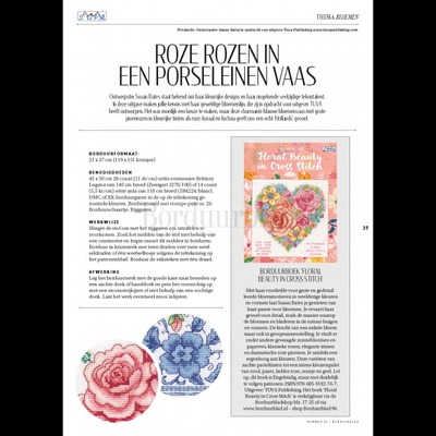 Borduurblad productfoto Patroon Roze rozen in een porseleinen vaas 2