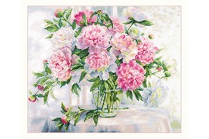 Borduurblad productfoto Borduurpakket Alisa ‘Peonies by the Window’