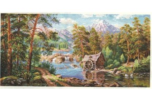 Borduurblad productfoto Borduurpakket Alisa ‘Landscape with a Watermill’