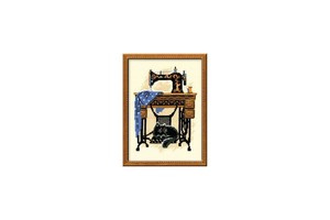 Borduurblad productfoto Borduurpakket Riolis ‘Cat With Sewing Machine’