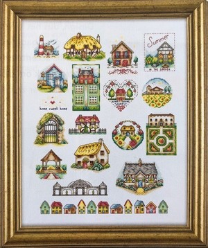 Borduurblad productfoto Patroon HomeSweet Home. Een sampler met huisjes