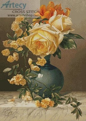 Borduurblad productfoto Patroon Artecy ‘Yellow Roses in a Vase’