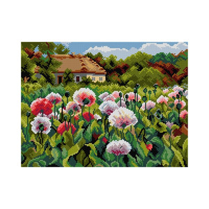Borduurblad productfoto Voorbedrukt canvas ‘Bloeiende tuin met klaprozen’