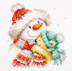 Borduurblad productfoto Borduurpakket Alisa ‘Sneeuwpop met teddybeer’