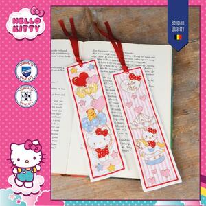 Borduurblad productfoto Borduurpakket Vervaco 2 designs boekenleggers ‘Hello Kitty' 2