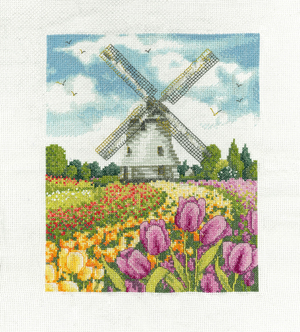 Borduurblad productfoto Patroon Poldermolen in tulpenveld- Maria Diaz