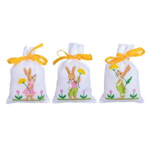 Borduurblad productfoto Borduurpakket Vervaco Zakjes set van 3 ‘Paaskonijnen’