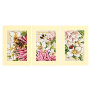Borduurblad productfoto Borduurpakket LanArte Marjolein Bastin Wenskaarten set van 3 ‘Pink Silk Dahlia’