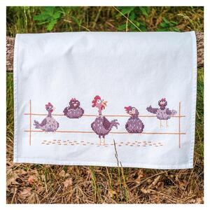 Borduurblad productfoto Borduurpakket Vervaco Theedoek – Grappige kippen