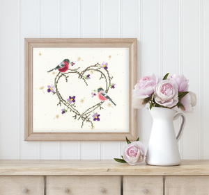 Borduurblad productfoto Digitaal patroon Valentijnskrans met Goudvinken - Loredana Briozzo